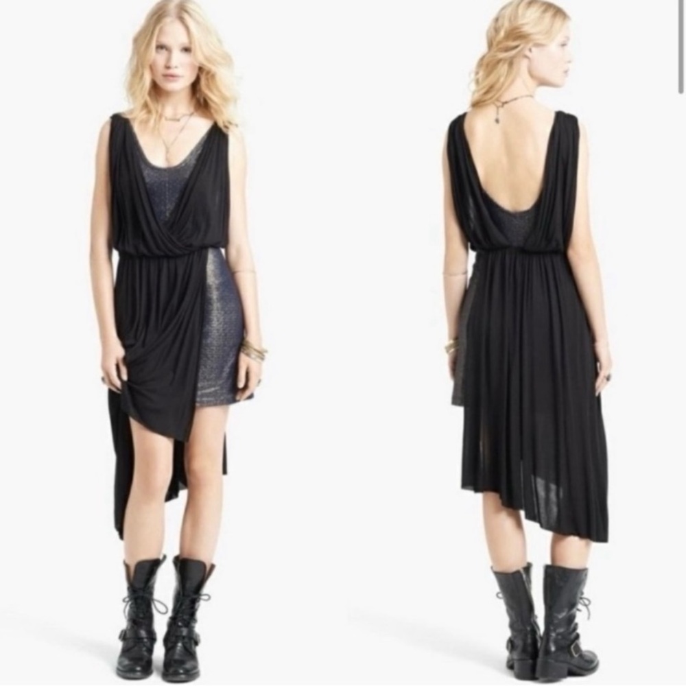 Free People Eleanor Asymmetrical Draped Overlay Dress XS NEW Black Blue